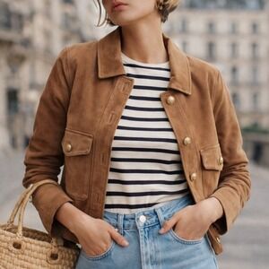 Like New Sézane Terry Jacket in Camel Suede Leather Size 36/4 Cognac Cropped